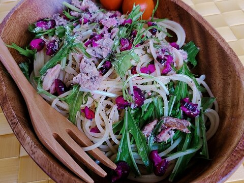 鯖の水煮と水菜の冷製カッペリーニ